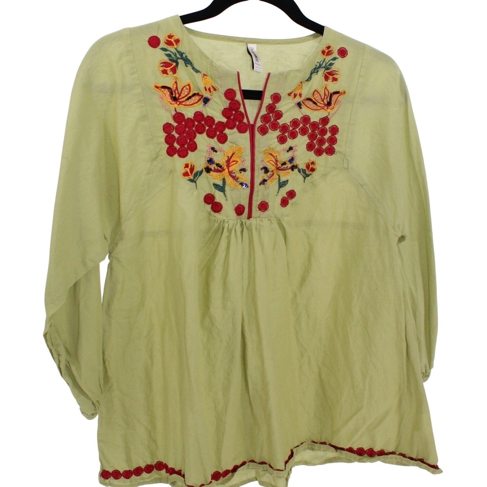Ethnic Fusion $42 Small‎ Green Floral Embroidered Long Sleeve Boho Peasant Top
